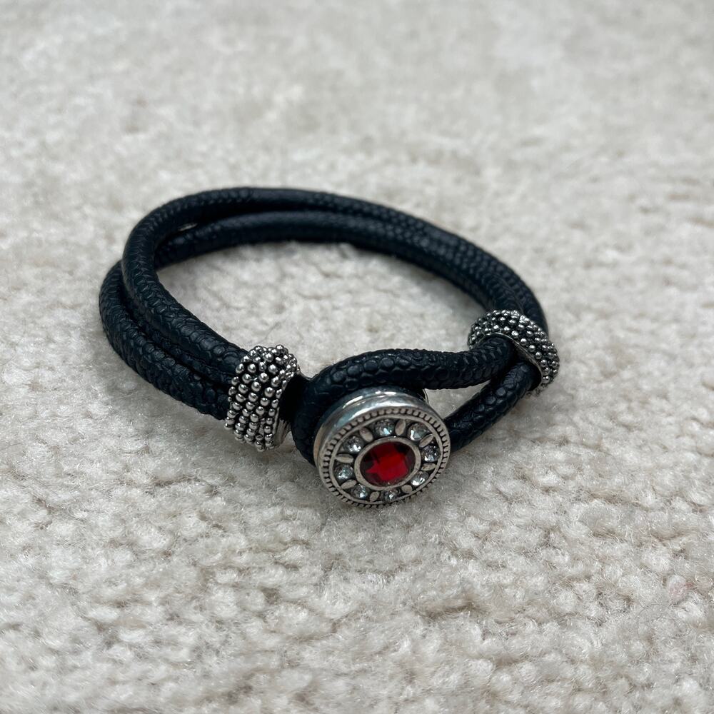 Black Leather Wrap Bracelet Red Crystal Rhinestone Snap Interchangeable Charm